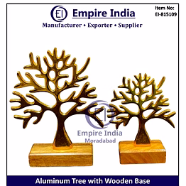 aluminum tree table decor with wooden base, modern metal art sculpture set, empire india moradabad