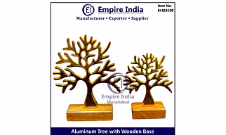 Aluminum Tree Table Decor with Wooden Base, Modern Metal Art Sculpture Set, Empire India Moradabad