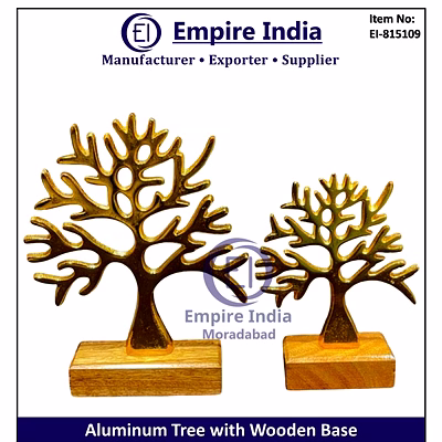 aluminum tree table decor with wooden base, modern metal art sculpture set, empire india moradabad