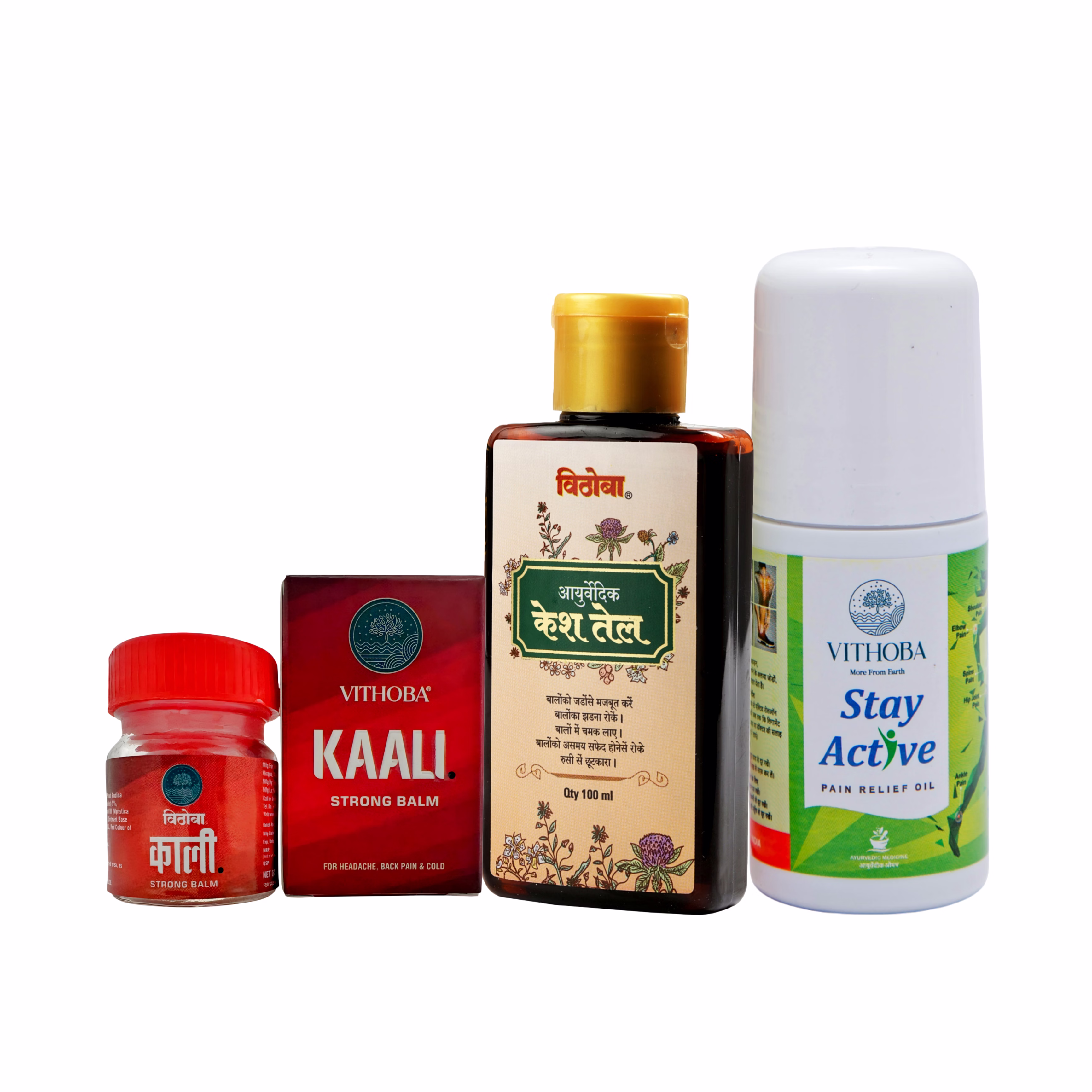 vithoba stay active pain relief roll on oil | vithoba kaali strong balm & vithoba ayurvedic kesh(hair) oil 100 ml | 60ml + 10gram + 100 ml |