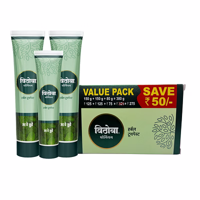 vithoba premium toothpaste | herbal tooth whitener for oral health with natural herbs | toothpaste for white strong teeth & refreshing breath | value pack 150g + 150g + 80g |