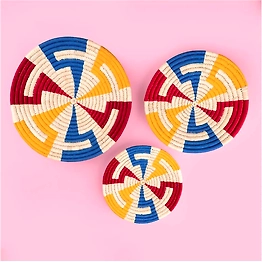 Handcrafted Sabai Grass Blue, Red & Yellow Zigzag Lines Wall Plate