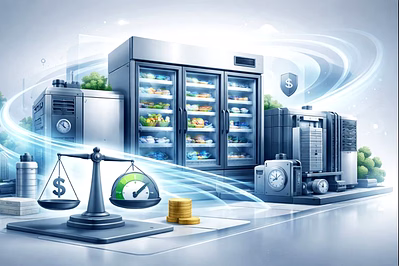 Modern commercial display chillers and stainless-steel freezers showcasing energy-efficient refriger