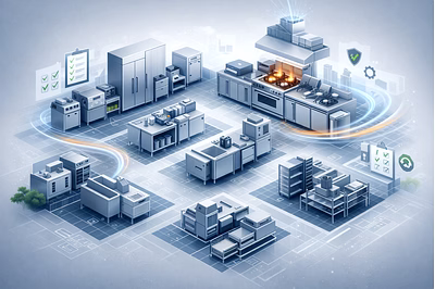 Modern commercial kitchen layout showing cooking, prep, washing, and refrigeration zones for an impo