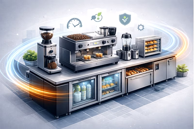 Modern café workstation with espresso machine, grinder, compact food equipment, and refrigerated dis