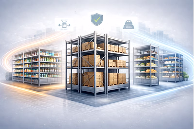 Engineered shelving systems across retail, warehouse, and cold storage environments showing safe, sp