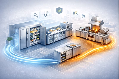 Integrated commercial kitchen workflow showing refrigeration, prep stations, and cooking line design