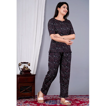 Printed Night Suit Set for Girls &amp; Women-Sleep_Black