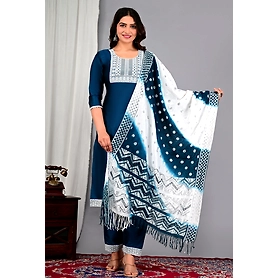 Silk Embroidered Straight Kurta Pant with Dupatta Set for Girls & Women