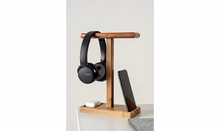 "Minimalist Wood Headphone Stand - Natural Finish Desk Organizer for Gaming, Studio & Office Accessories"
