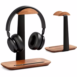 "minimalist wood headphone stand - natural finish desk organizer for gaming, studio & office accessories"