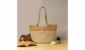 Beige Cotton Tote with White Stripes