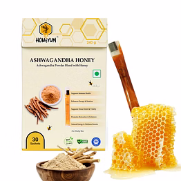 honeyum ashwagandha honey sticks | pure honey | mess-free 8g x 30 sachets | stress reducing sticks| zero sugar added | tear squeeze eat | a grade honey