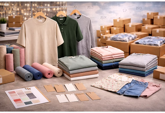 Private label clothing samples from India displayed with branding, labels, and apparel manufacturing
