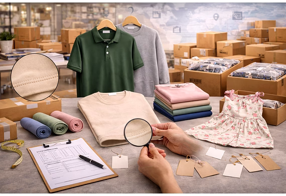 Apparel quality control process showing fabric inspection, stitching checks, and export compliance f