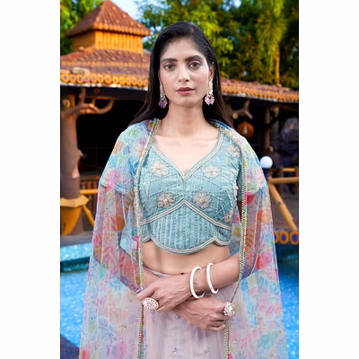 havra pink & blue handwork lehengha