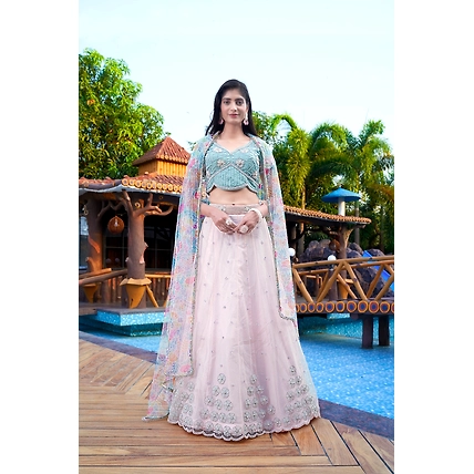 Pink &amp; Blue Handwork Lehengha-1