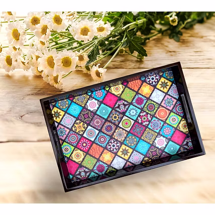 Angira Handicrafts Wooden Serving Tray (Set of 2) 12 X 8 INCH with Digital Print (Multi Colour) Serving Tray for Home and Kitchen/Decoration/Gifting-12721193