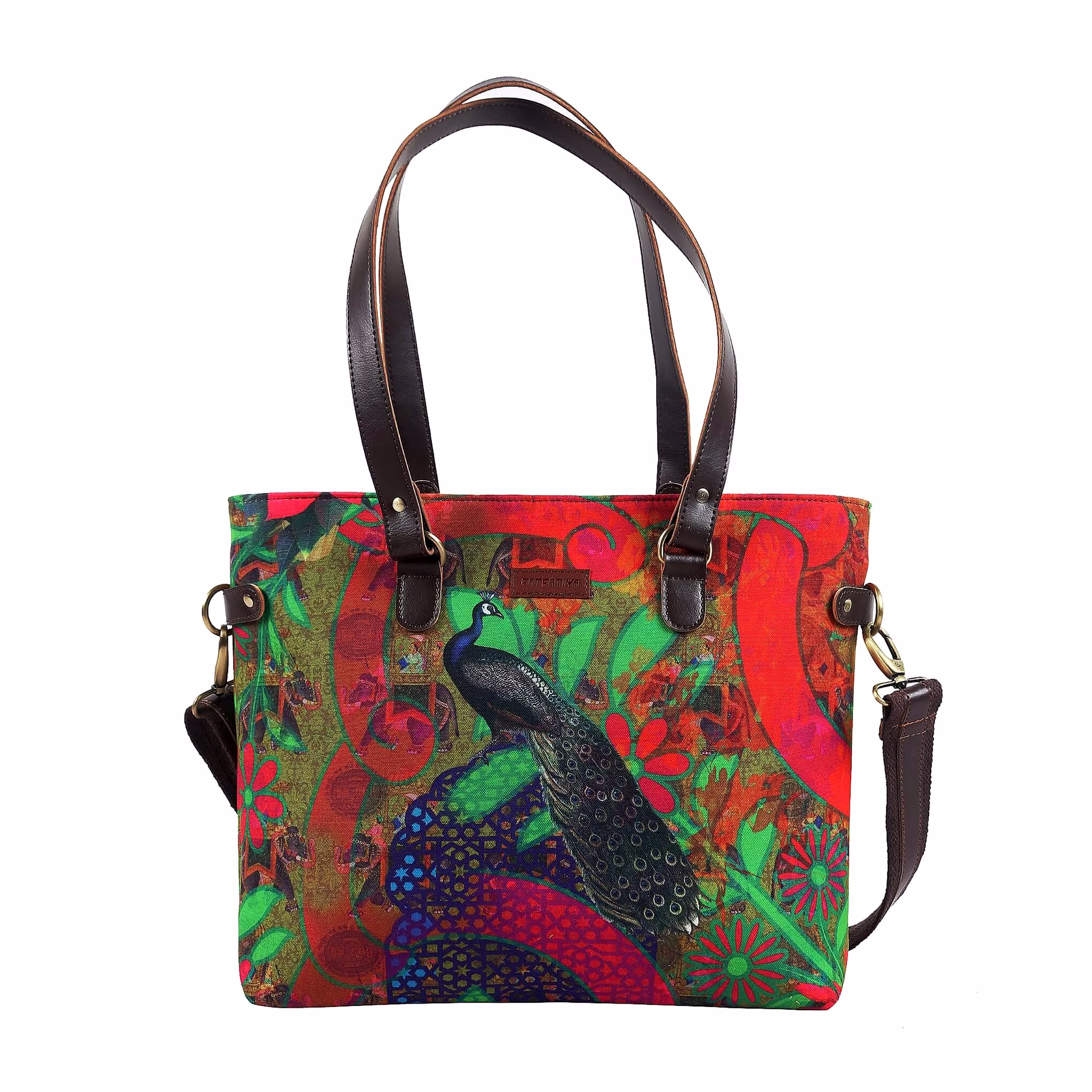 peacock in castle printed canvas tote bag