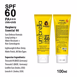 umbrella sunscreen solution spf 60, broad spectrum protection, no white cast, lightweight matte finish with raspberry oil