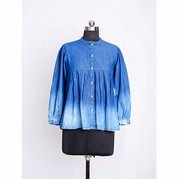women's blue faded denim flared top