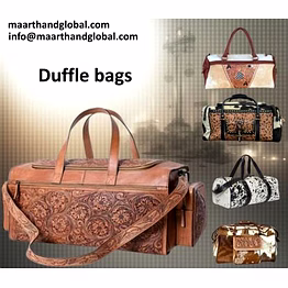 handcrafted genuine leather tooling travel duffle bag with floral embossed design and detachable shoulder strap