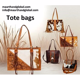 handcrafted genuine leather tooling tote bag with hairon leather panel, fringe detailing and shoulder handles