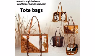 Handcrafted Genuine Leather Tooling Tote Bag with Hairon Leather Panel, Fringe Detailing and Shoulder Handles