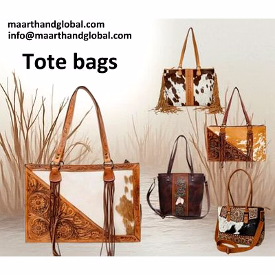 handcrafted genuine leather tooling tote bag with hairon leather panel, fringe detailing and shoulder handles