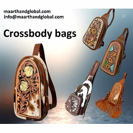 handcrafted genuine leather tooling crossbody sling bag with floral embossed panel and adjustable strap