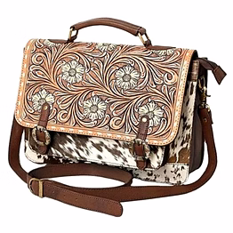 handcrafted genuine leather tooling laptop messenger bag with hairon leather panel and detachable shoulder strap