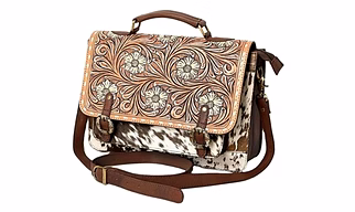 Handcrafted Genuine Leather Tooling Laptop Messenger Bag with Hairon Leather Panel and Detachable Shoulder Strap