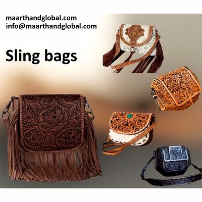 handcrafted genuine leather tooling women’s sling bag with floral embossed flap, fringe detail and adjustable strap