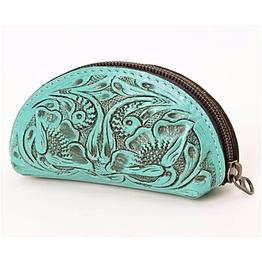 mrigdip handcrafted genuine leather tooling women’s clutch with floral embossed design, zip closure and compact carry
