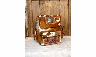 Handcrafted Genuine Leather Tooling Unisex Backpack with Hairon Leather Panels, Multiple Compartments and Adjustable Straps