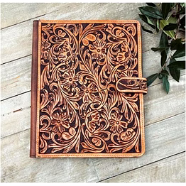 mrigdip handcrafted genuine leather tooling document folder with floral embossed design and secure strap closure