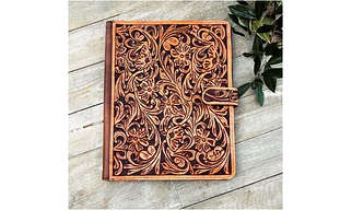Handcrafted Genuine Leather Tooling Document Folder with Floral Embossed Design and Secure Strap Closure