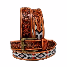 mrigdip handcrafted genuine leather tooling belt with floral embossed design, beaded inlay and antique metal buckle
