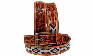 Handcrafted Genuine Leather Tooling Belt with Floral Embossed Design, Beaded Inlay and Antique Metal Buckle