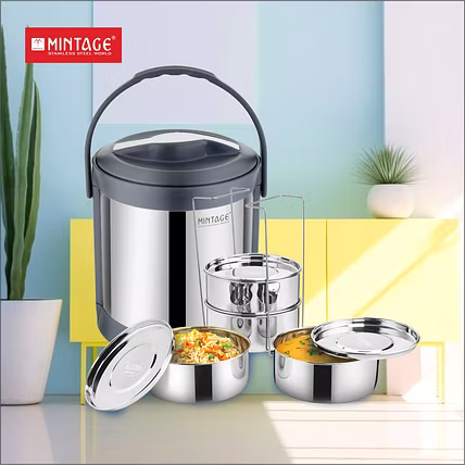 Hot Lunch Box 3 &amp; 4 Container Deluxe | 600 ml Each | Double Wall PUF Insulated | Leak-Proof &amp; Crack-Resistant Steel Tiffin for Home &amp; Travel-12740067