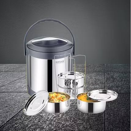 Hot Lunch Box 3 &amp; 4 Container Deluxe | 600 ml Each | Double Wall PUF Insulated | Leak-Proof &amp; Crack-Resistant Steel Tiffin for Home &amp; Travel-3 Container-1