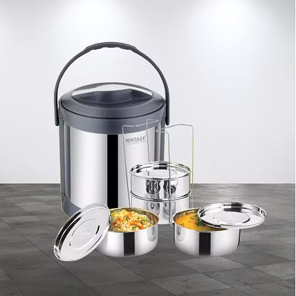 Hot Lunch Box 3 &amp; 4 Container Deluxe | 600 ml Each | Double Wall PUF Insulated | Leak-Proof &amp; Crack-Resistant Steel Tiffin for Home &amp; Travel-3 Container-3