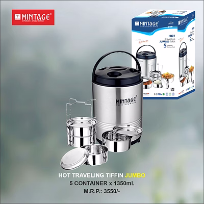 hot traveling / picnic tiffin jumbo – 5 container x 1000 ml – double wall hot & cold insulated stainless steel lunch box