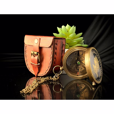 vintage pocket compass brass with pouch and chain marine collectible decorative gift, halloween decor