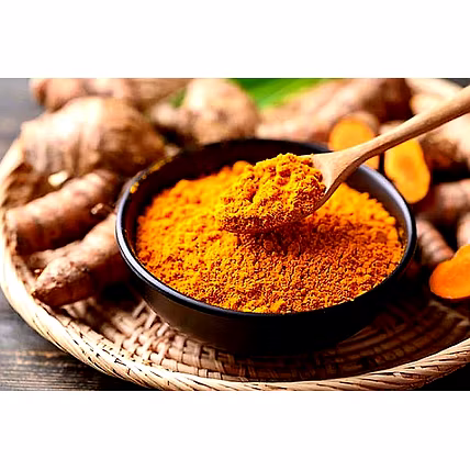 1. Bright yellow turmeric powder labeled as Curcumin USP herbal grade 95%, used for medicinal and he