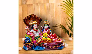 Decorative Lord Vishnu Laxmi Murti Narayan Idol | Hand-Painted Resin Figurine | Religious Hindu Deity Statue | Made by Resin | Ideal for Pooja Ghar | (17 x 10 x 17 cm) Multicolour