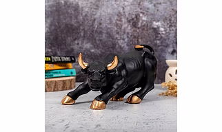 Dynamic Black Charging Bull Figurine with Gold Accents – Powerful Home Decor by P&R Groups