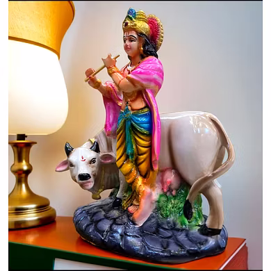Enchanting Lord Krishna with Cow Statue-1