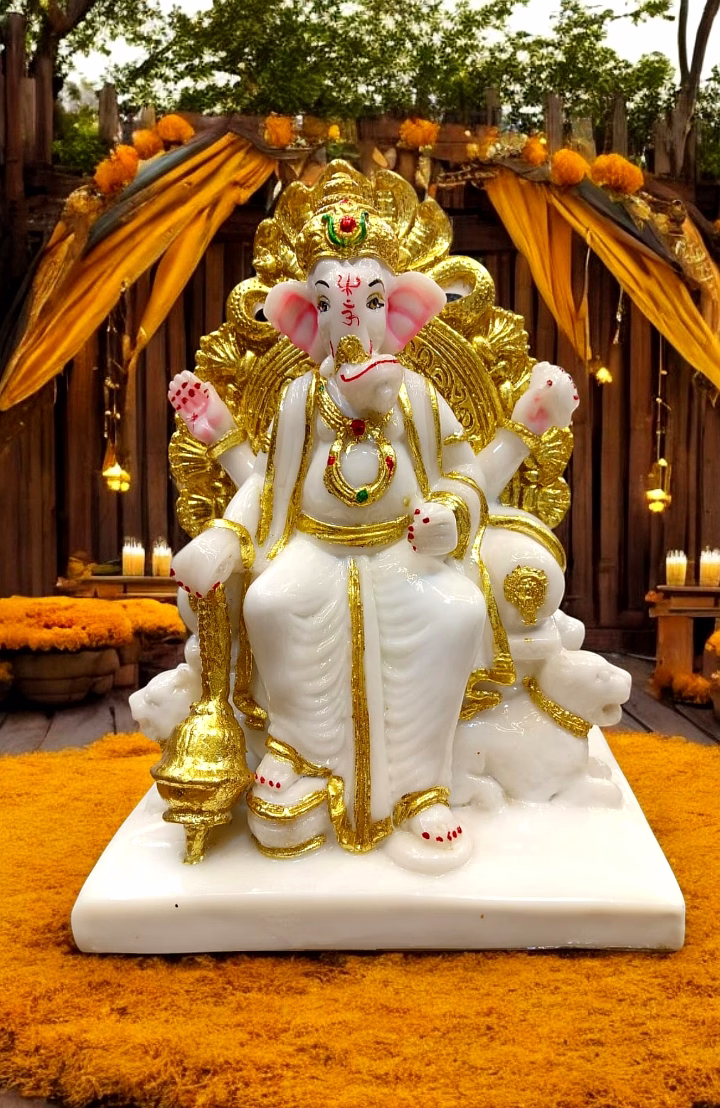 white & gold throne ganesha idol mfn-171