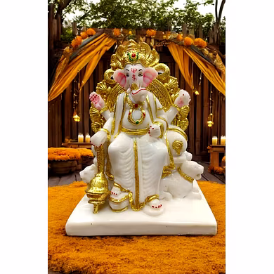 White &amp; Gold Throne Ganesha Idol  MFN-171-12747711